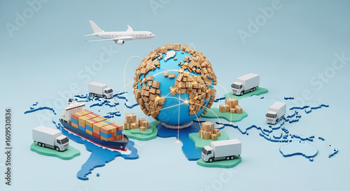 Worldwide logistics and e-commerce concept: A 3D composition featuring a globe covered in parcels, a cargo airplane, a container ship, and delivery trucks. The entire scene is rendered in a clean, sty