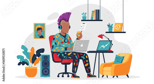 Stylish young man working from home, perfect for blogs about remote work, freelance, or modern lifestyles.