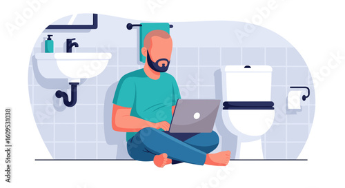 Man working on laptop in bathroom - perfect for illustrating remote work, work-life balance, or humor.