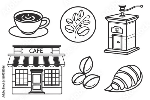 Coffee Shop Icons Cup Beans Grinder Croissant and Cafe.