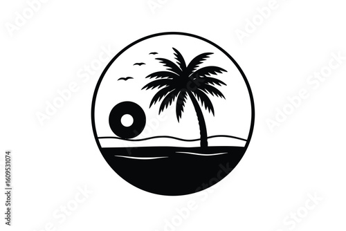 Sunset Scene with Palm Tree and Floating Donut in a Sea Setting