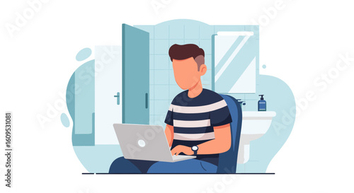 Illustration of a person working on a laptop in a bathroom, perfect for articles on remote work or work-life balance.