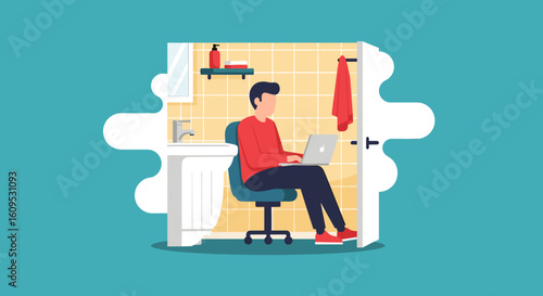 Man working on laptop in a bathroom - perfect for articles on remote work, work-life balance, or unusual workspaces.