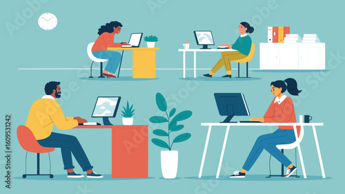 Diverse team working at computers in a modern office, perfect for illustrating teamwork and collaboration in brochures or website landing pages.