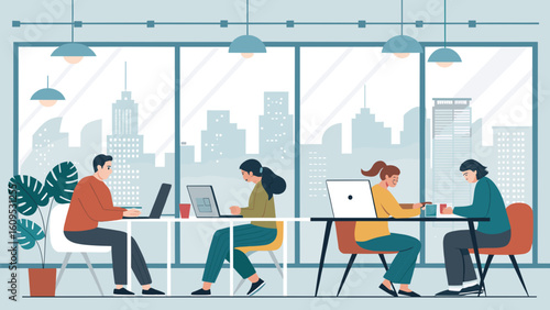 Teamwork in a Modern Office: Illustration for Websites and Brochures