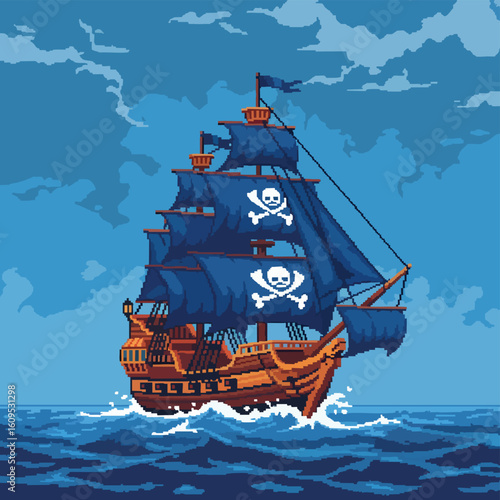 Pixel Art Pirate Ship Sailing on a Blue Ocean with Skull Flags.