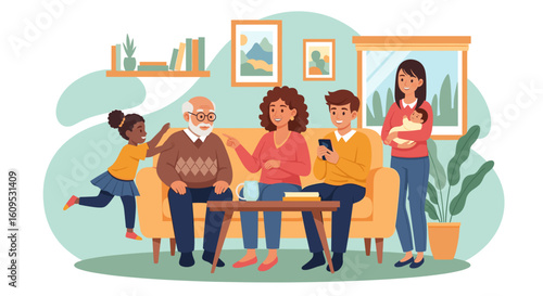Multigenerational family relaxing at home, perfect for family, togetherness, and generational themes.
