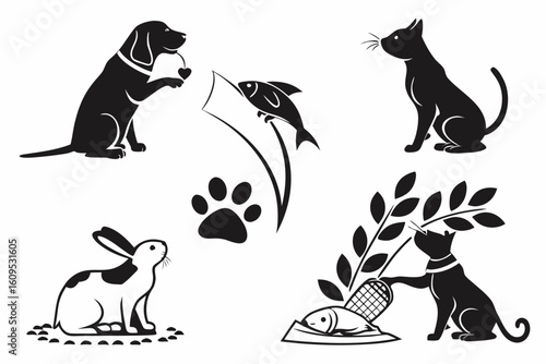 Diverse Animal Silhouettes with Food and Heart Symbols.