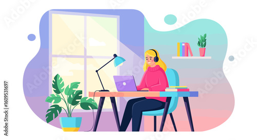 Happy woman working from home on laptop, perfect for blog posts about remote work, freelancing, or online education.