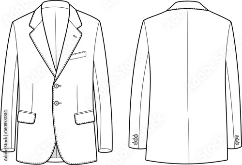 Cad Drawing Flat Vector Illustration, Men's Blazer Front and Back View, Fashion Technical Sketch for Apparel Design and Tailoring