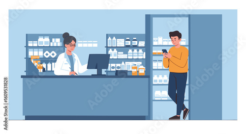 Pharmacy Pharmacist Assisting Customer Digital Healthcare Shopping
