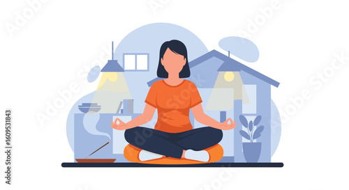 Woman meditating at home, perfect for wellness websites or mindfulness apps.