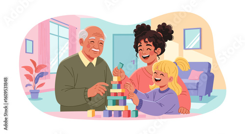 Grandfather, granddaughter, and daughter playing together with colorful blocks. Perfect for family, children's book, or intergenerational theme.