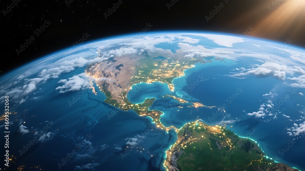 Fototapeta premium Blue Planet Earth View From Space with Sunlight and Clouds
