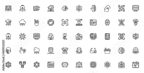 Digitalisation icon set. Tech vector collection. Includes laptop, AI, cloud, cybersecurity, smart devices, data encryption, blockchain, IoT and more. Editable linear icons.