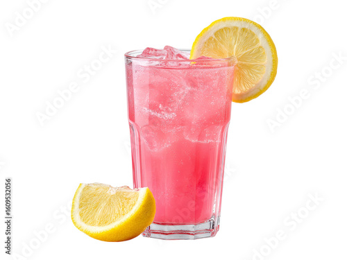 Refreshing pink lemonade beverage with ice and lemon slices drink refreshment, Isolated, Transparent Png