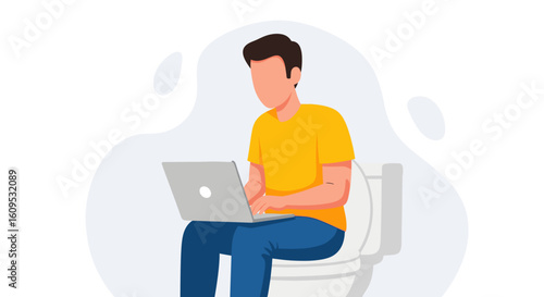 Illustration of a man working on his laptop while sitting on a toilet; perfect for articles on work-life balance or humor websites.