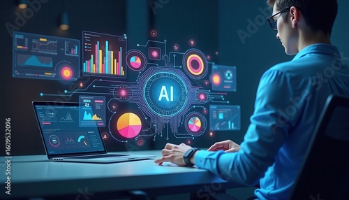 A person works on a laptop surrounded by holographic AI-driven data visualizations, including charts and graphs, highlighting analytics, machine learning, and artificial intelligence technology