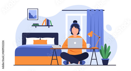 Woman working from home on laptop, comfortable bedroom setting. Ideal for blog posts, website banners, or articles about remote work.