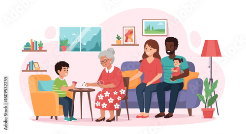 Multigenerational family playing cards together at home - perfect for family, togetherness, and generational themes.