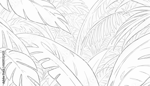 Coloring page of tropical leaves creating a detailed and lush background
