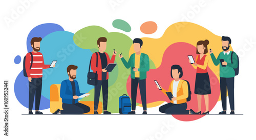 Diverse group of young adults using smartphones and tablets, ideal for website banners or app marketing materials.