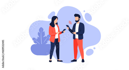 Modern illustration of two people using smartphones, ideal for websites and marketing materials.