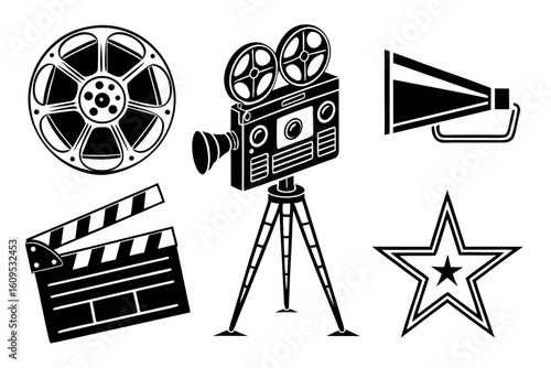 Vintage Film Production Icons Set.
