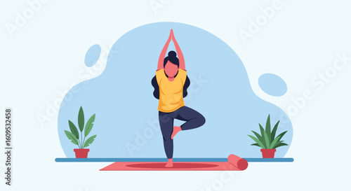Woman practicing yoga at home, perfect for wellness websites and blogs.