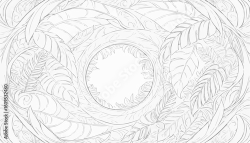 Coloring page of a circular design surrounded by intricate leaves and floral elements