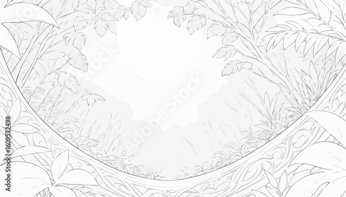 Coloring page of a rounded frame of foliage surrounding an open space