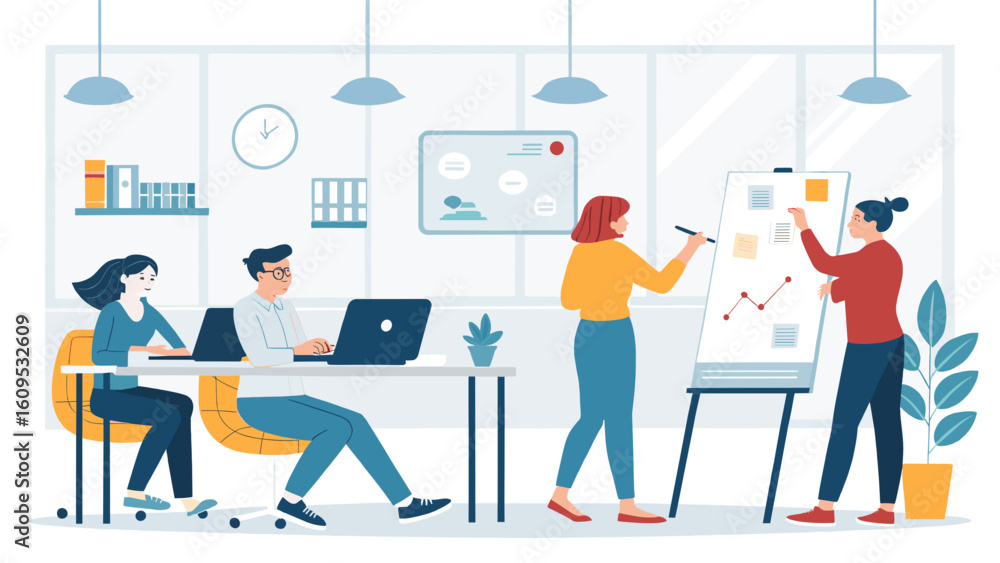 Teamwork in a modern office, brainstorming ideas on a whiteboard. Perfect for business presentations or website banners. Teamwork in a modern office, brainstorming ideas on a whiteboard. Perfect for business presentations or website banners.