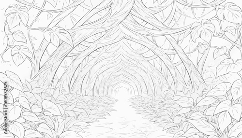 Coloring page of a magical archway of vines and flowers leading to a pathway