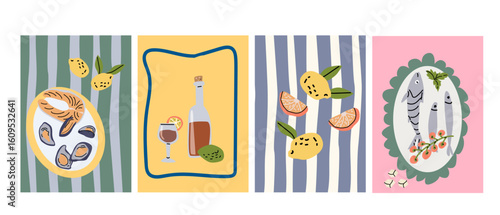 Artistic seafood and beverage illustrations with lemons and fish salmon, mussel sardine motifs. Vertical italian posters set.