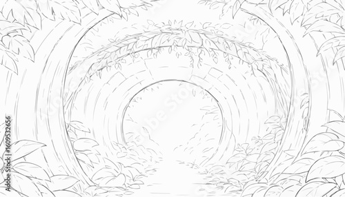 Coloring page of a mystical tunnel of trees with a pathway and intricate foliage
