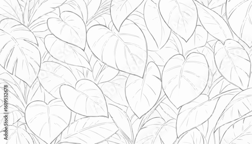 Intricate line art of overlapping heart-shaped leaves for coloring and relaxation