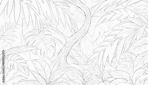 Blank line art of intertwined branches and lush foliage for coloring and creativity