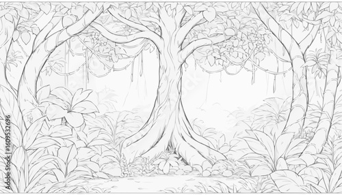 Coloring page of a majestic tree in a lush jungle setting with detailed foliage
