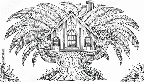 Charming line art of a treehouse nestled in lush palm fronds for coloring
