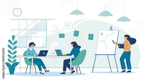 Teamwork in Modern Office: Illustration for Business Presentations