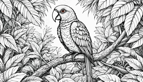 Detailed line art of a parrot perched on a branch surrounded by lush foliage for coloring