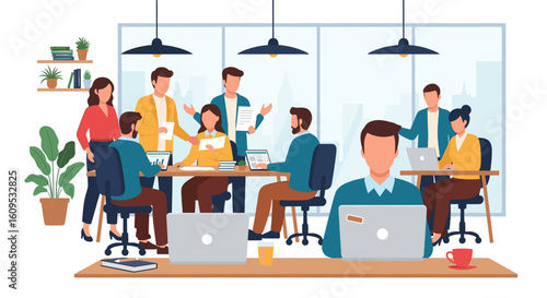 Diverse team collaborating in a modern office, ideal for websites and presentations about teamwork.