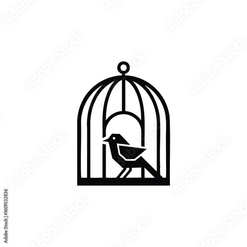 Geometric Bird in Cage Silhouette Minimalist Design.