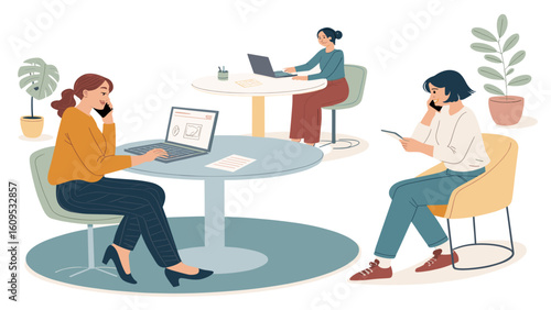 Three businesswomen working together in a modern office, perfect for illustrating collaboration and teamwork on websites or brochures.