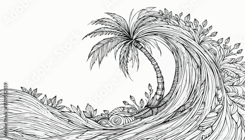 Intricate line art of a palm tree surrounded by flowing waves for coloring