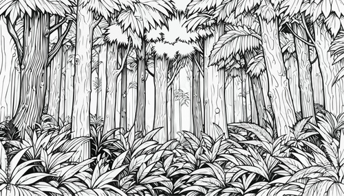 Detailed line art of a tranquil forest scene with tall trees and lush undergrowth for coloring
