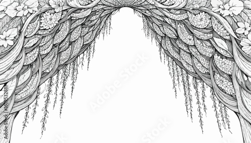 Intricate line art of a decorative archway surrounded by flowers and leaves for coloring