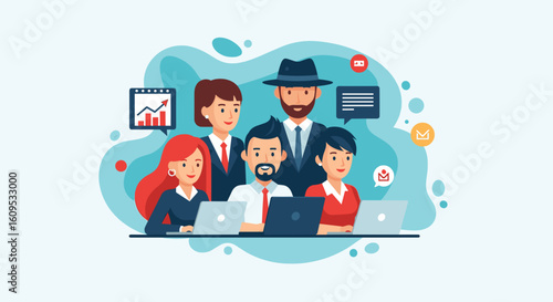 Diverse business team working collaboratively on laptops, ideal for website banners or presentations.