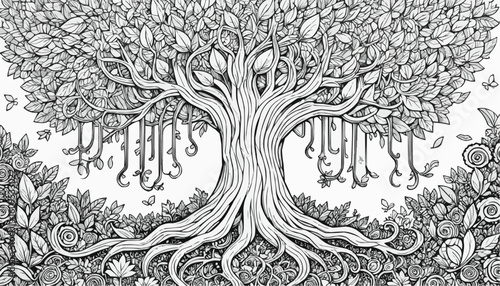 Intricate line art of a flourishing tree surrounded by foliage and flowers for coloring
