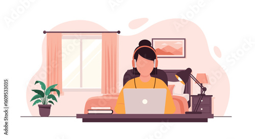 Woman working from home on laptop, wearing headphones. Perfect for illustrating remote work, online learning, or work-life balance.